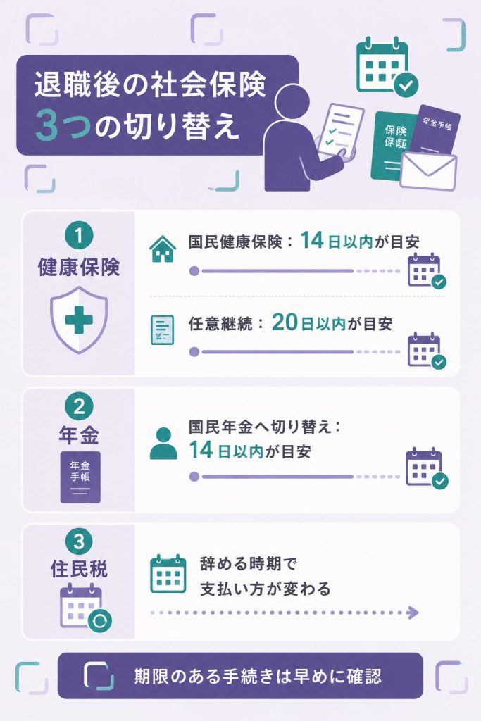 退職後の健康保険・年金・住民税の切り替え期限を整理した図