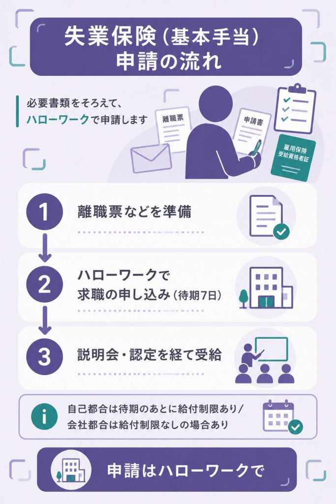 失業保険の申請の流れを3ステップで示した図
