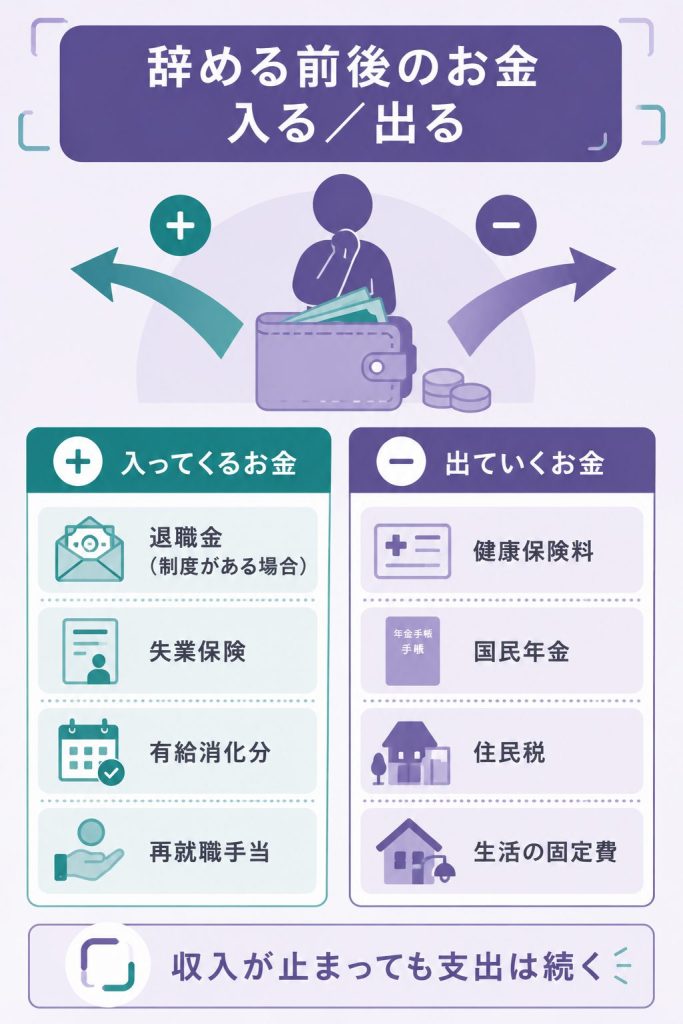 退職前後に入るお金と出ていくお金を対比した図